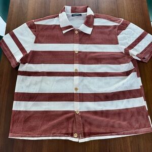 Men’s Cream and Rust Brown Boxy Striped Mesh Short Sleeve Button Down Overshirt
